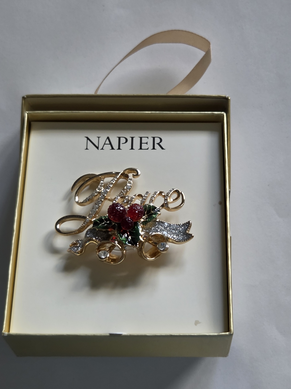 Vtg Napier Crystal 'Peace' and Bells with Red Holly Brooch In Box